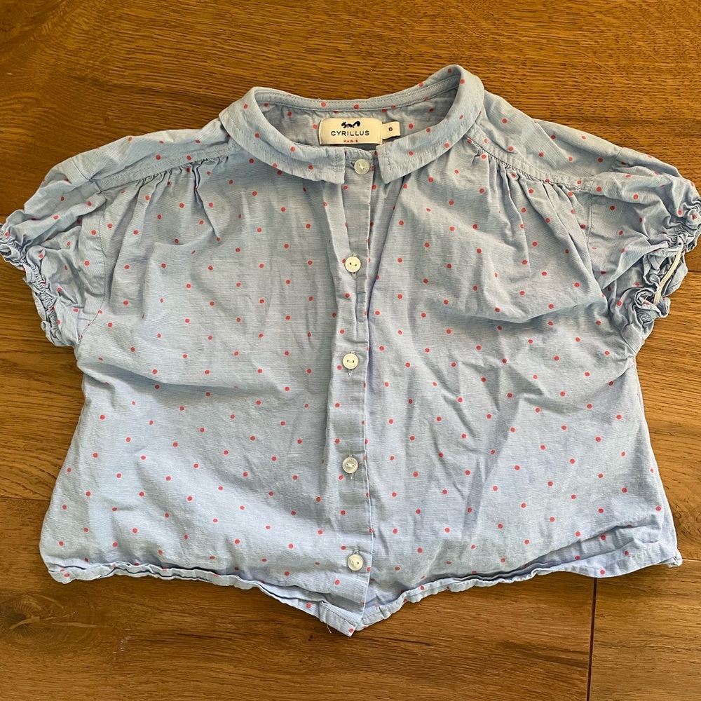 Girls short sleeve blue and red polka dot blouse